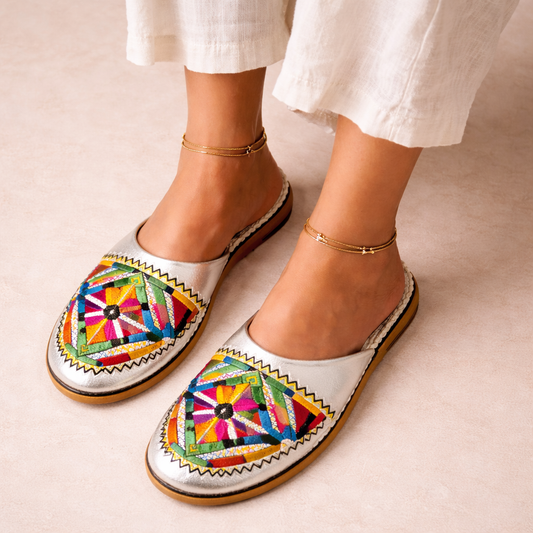 Silver Colorful Moroccan Babouche Slippers – Handmade Amazigh Berber Leather Shoes for Women