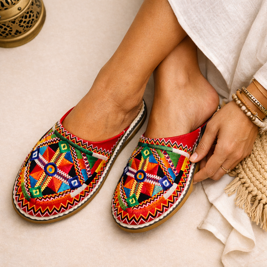 Red Colorful Moroccan Babouche Slippers – Handmade Amazigh Berber Leather Shoes for Women