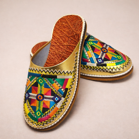 Gold Colorful Moroccan Babouche Slippers – Handmade Amazigh Berber Leather Shoes for Women