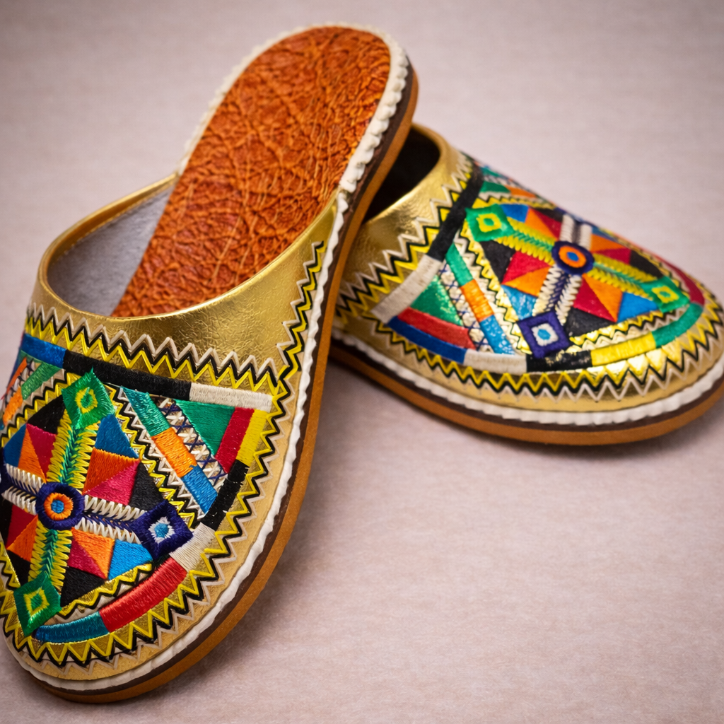 Gold Colorful Moroccan Babouche Slippers – Handmade Amazigh Berber Leather Shoes for Women