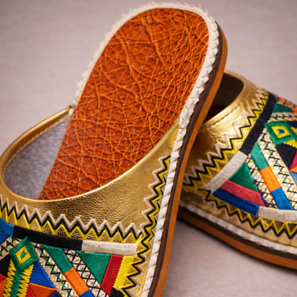 Gold Colorful Moroccan Babouche Slippers – Handmade Amazigh Berber Leather Shoes for Women