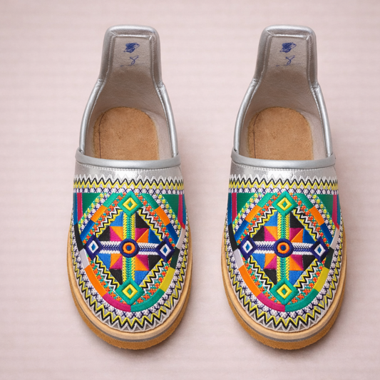 Silver Women's Moroccan Leather Babouche Slippers, Handmade Comfortable House Shoes