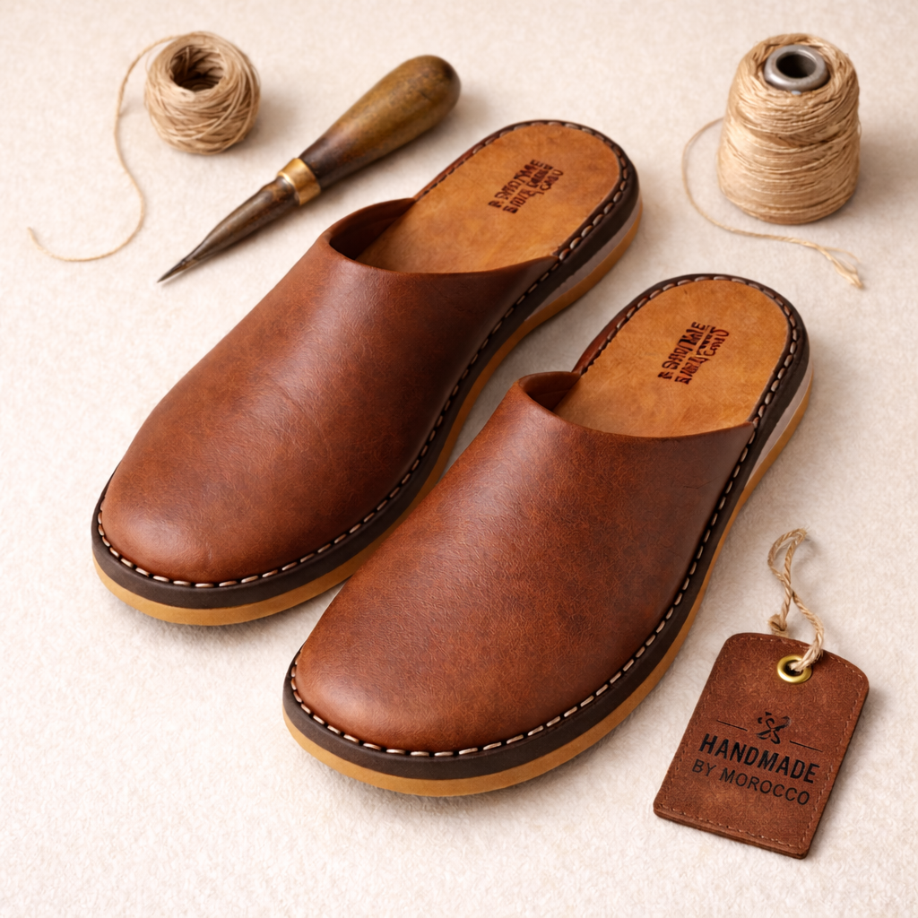 Moroccan Babouche Slippers Shoes Handmade from Organically Tanned Leather, Suitable for Men & Woman, Brown Leather Slippers.