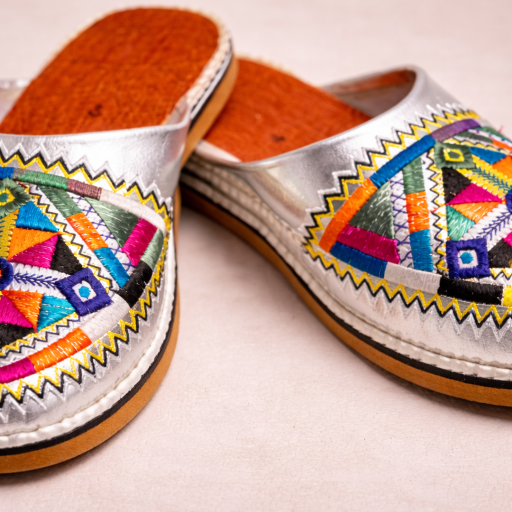 Silver Colorful Moroccan Babouche Slippers – Handmade Amazigh Berber Leather Shoes for Women