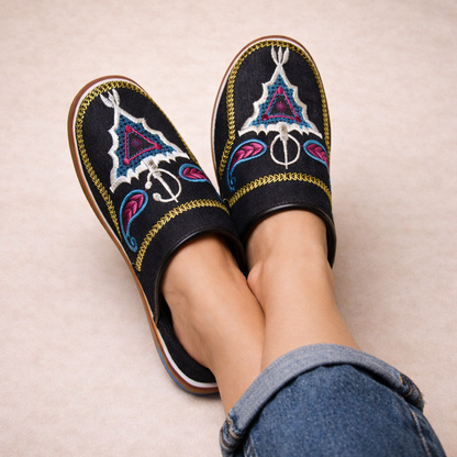 Handmade Moroccan Embroidered Leather Slippers | Colorful Babouche Shoes | Soft Sole Artisan Slippers