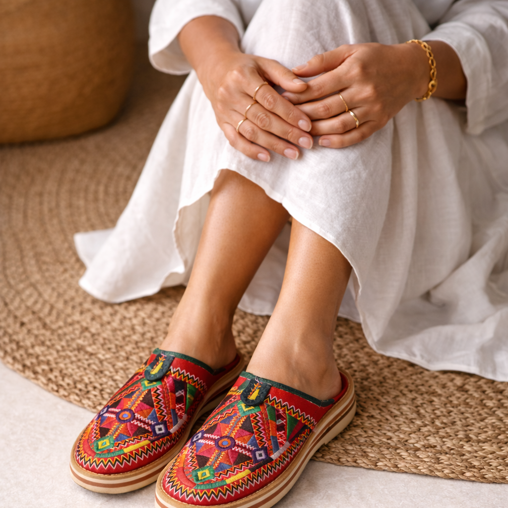 Women's Embroidered Moroccan Babouche Slippers – Handmade Leather House Shoes