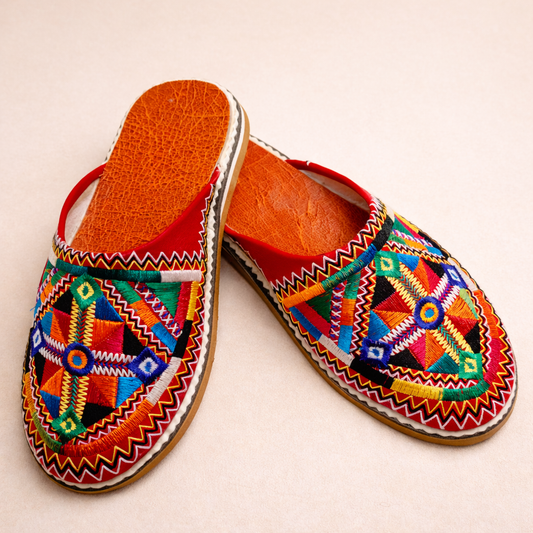 Red Colorful Moroccan Babouche Slippers – Handmade Amazigh Berber Leather Shoes for Women